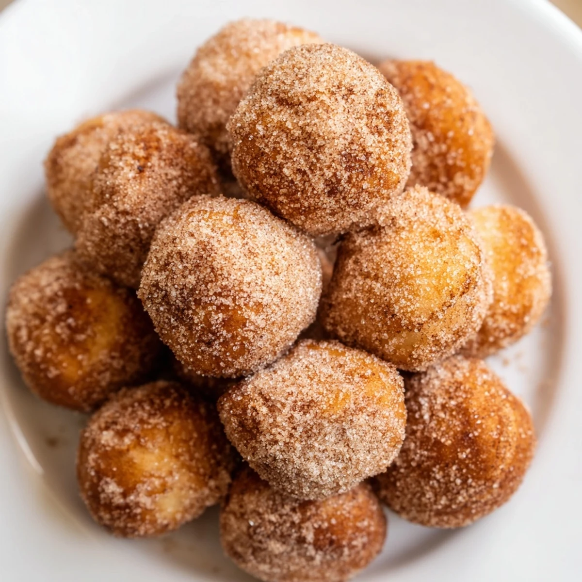 Golden brown air fryer cinnamon donuts, fresh from the basket and dusted in sweet cinnamon sugar.