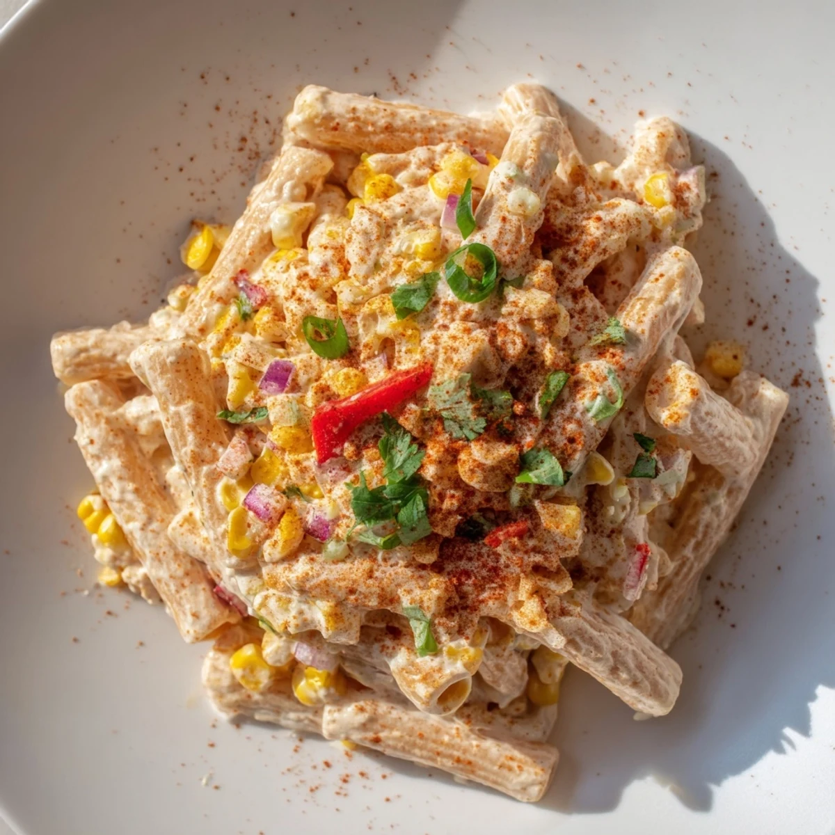 Bright image of Mexican Street Corn Pasta, showcasing the creamy sauce and colorful veggies for a tasty dish.