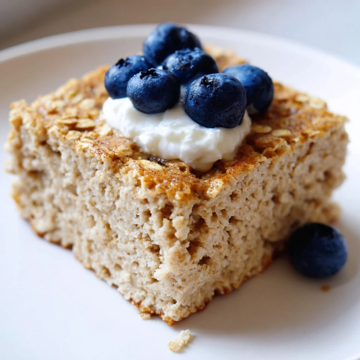 A warm, creamy serving of Protein Pancake Oats, topped with fresh blueberries and drizzled maple syrup.