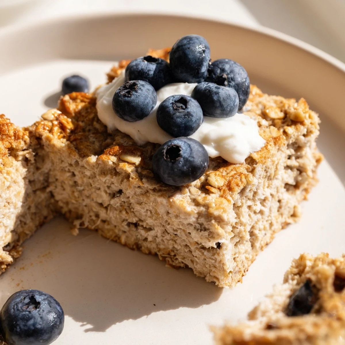 Fluffy baked Protein Pancake Oats, golden brown, ready to be sliced for a delicious breakfast.
