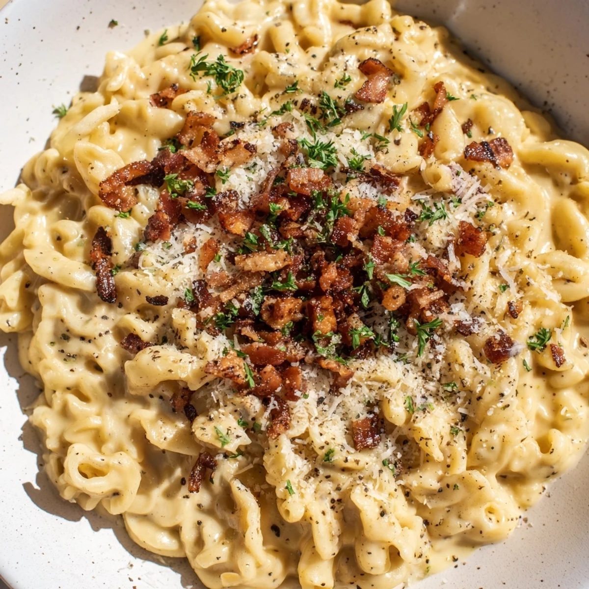 Ramen Carbonara Hack: This delightful dish presents creamy, cheesy ramen noodles with optional bacon and parsley.