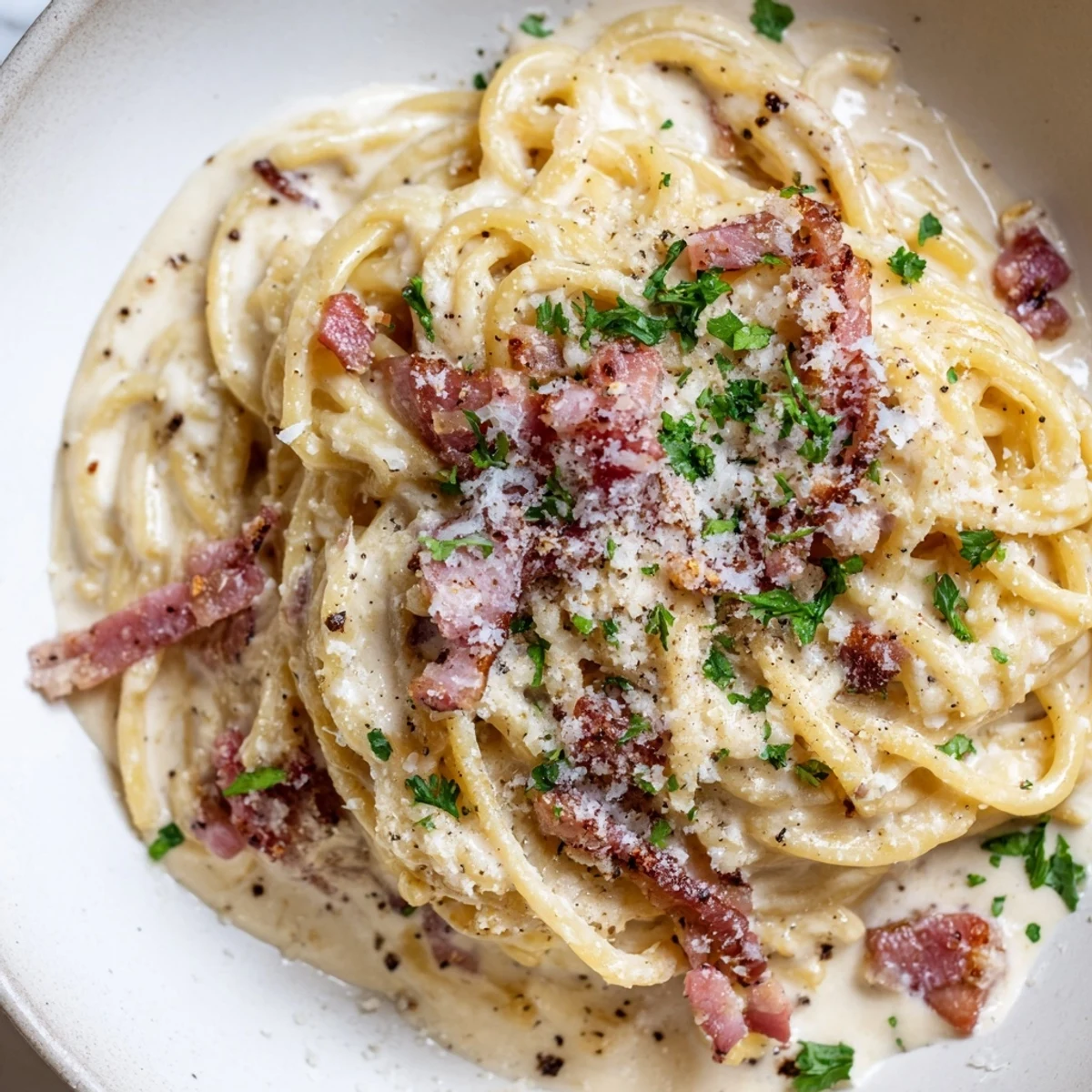 The Ramen Carbonara Hack features glistening noodles coated in a rich, velvety egg and cheese sauce, ready to enjoy.