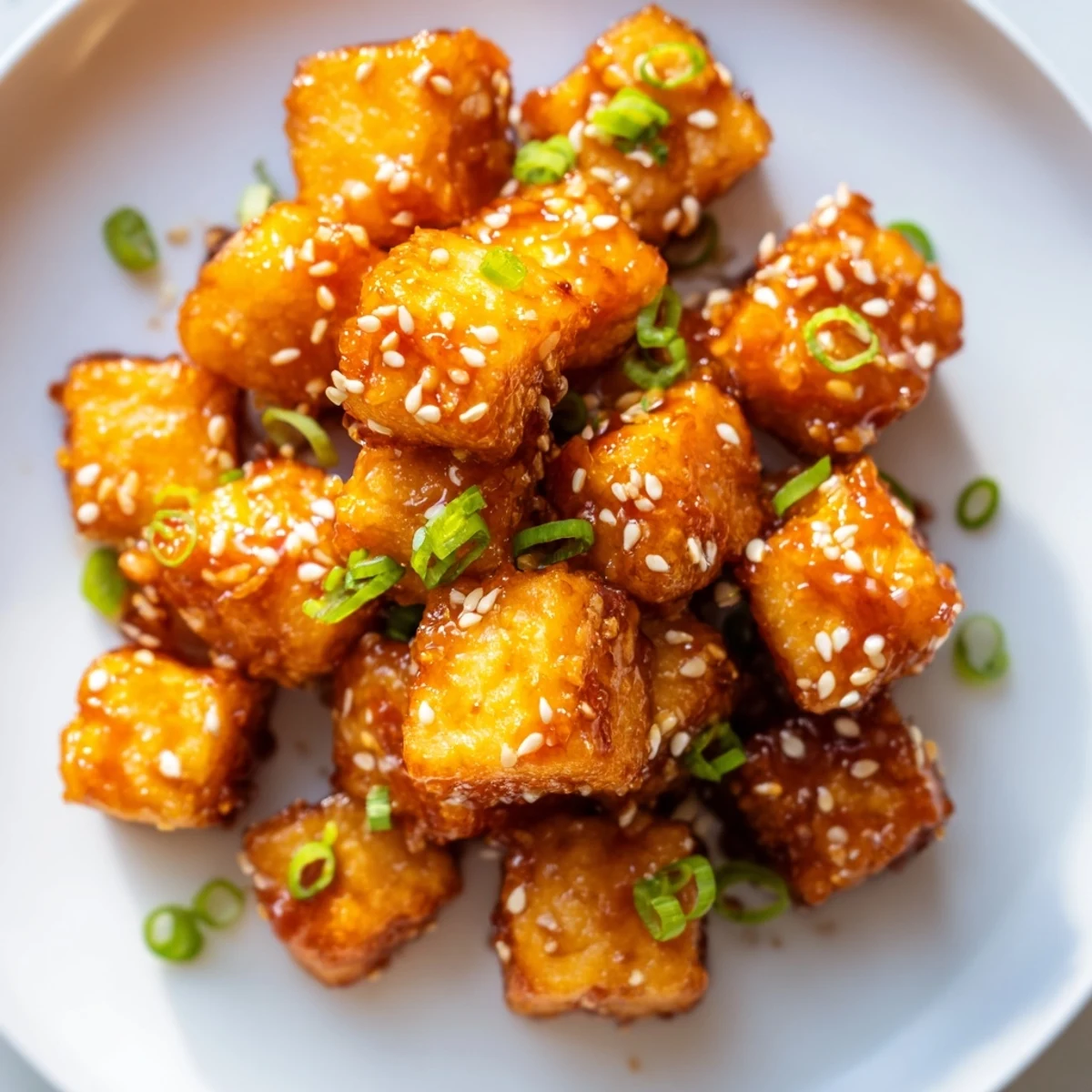 Crispy squares of Honey Gochujang Tofu glistening with a sweet and savory glaze, ready to serve.