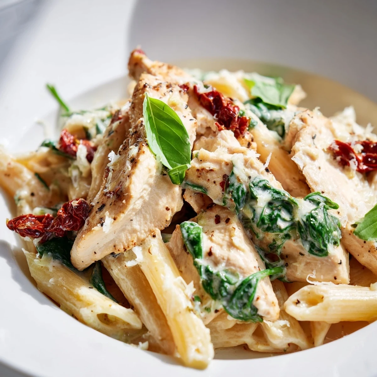Creamy Tuscan Chicken Pasta, a delicious bowl showcasing chicken and sun-dried tomatoes in a rich sauce.
