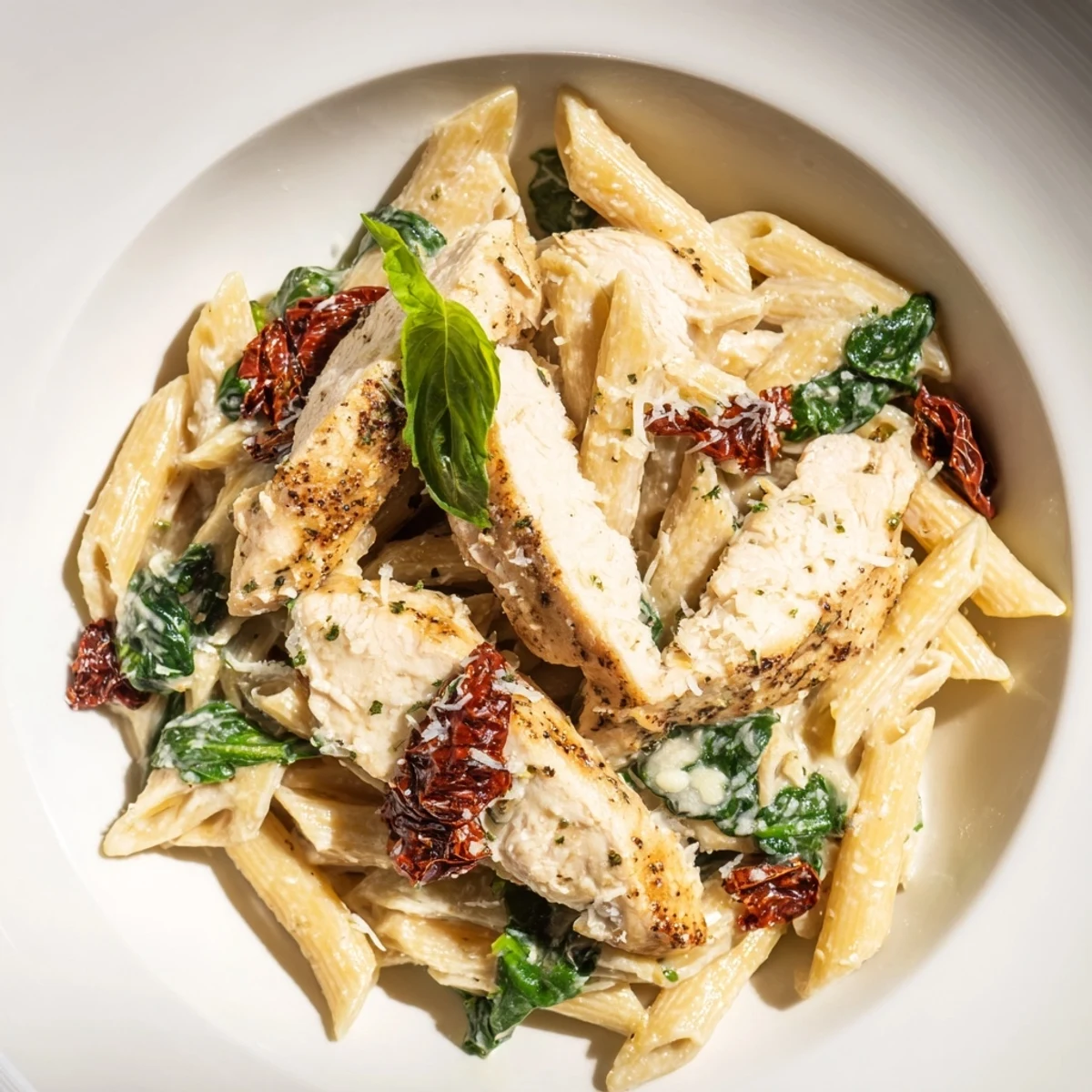 Imagine a plate of warm Creamy Tuscan Chicken Pasta, the creamy sauce coating every tender bite.