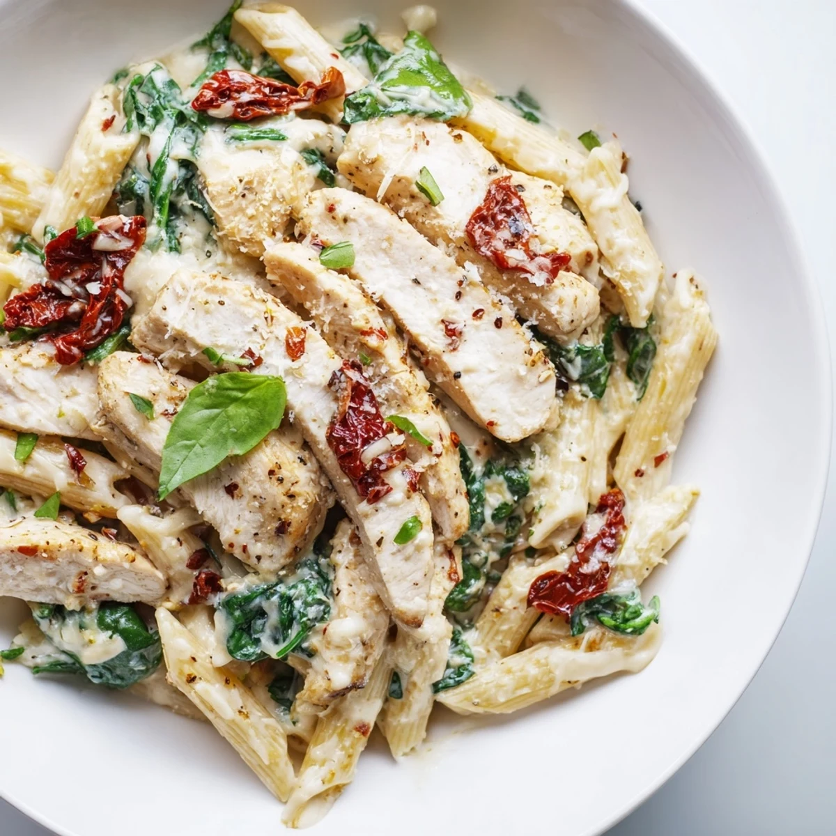 Golden chicken slices and spinach mingle with penne in this Creamy Tuscan Chicken Pasta recipe.