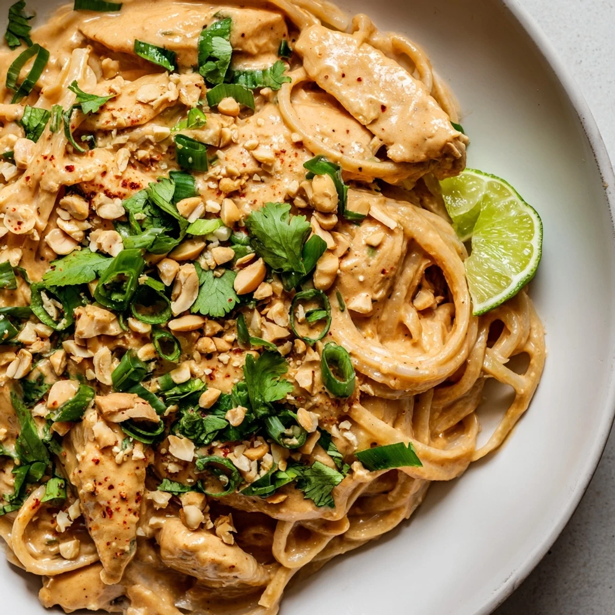 Steaming bowl of Thai Peanut Chicken Pasta, aromatic and garnished with fresh herbs and peanuts.