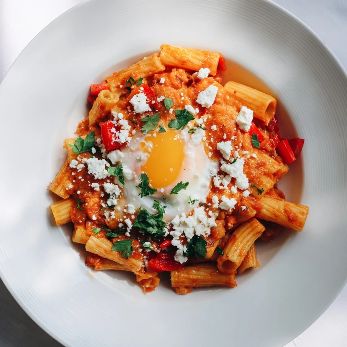Quick Shakshuka Pasta with a vibrant red sauce, perfectly-cooked egg yolks, and fresh herbs.