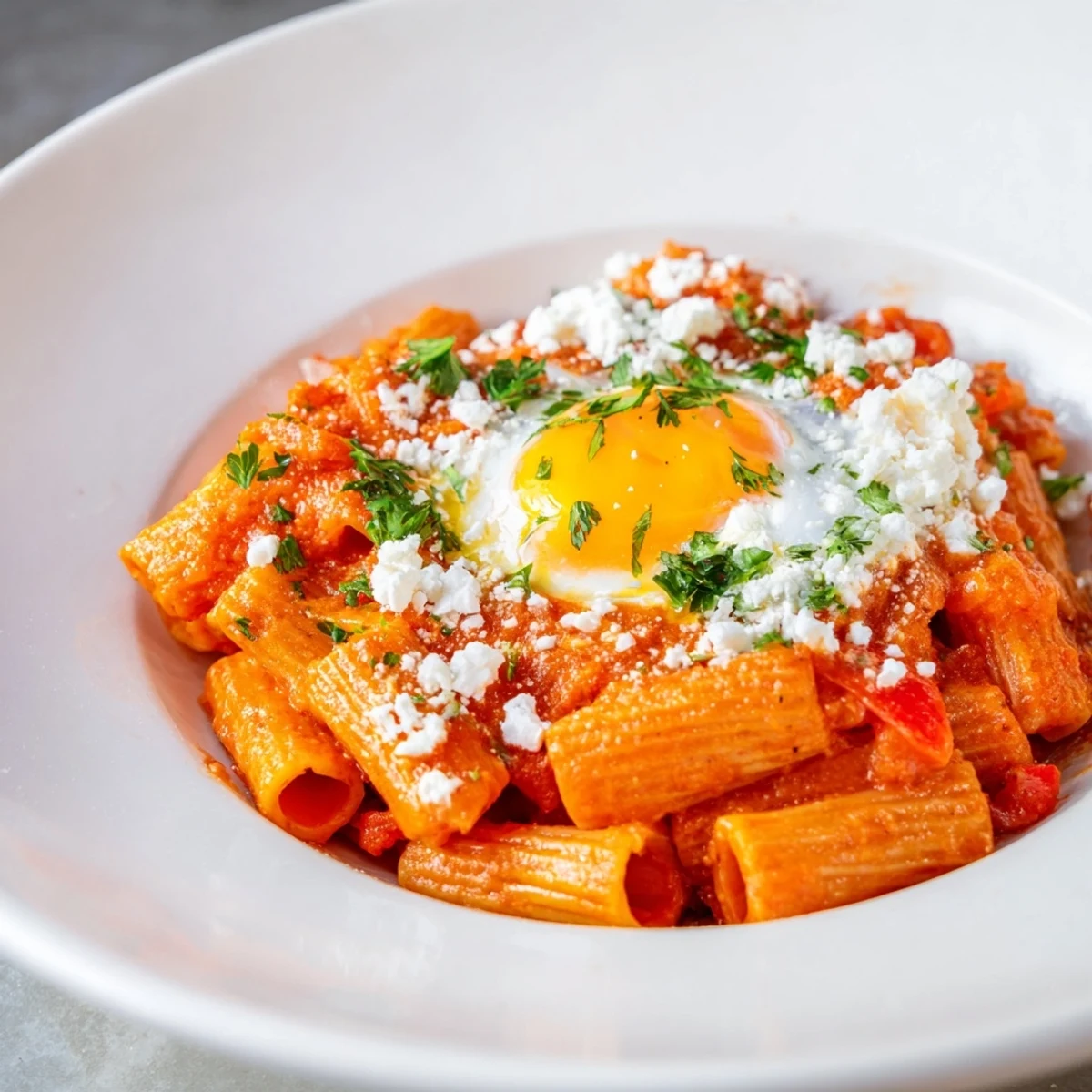 This Quick Shakshuka Pasta features bubbly sauce, a runny egg, and a sprinkle of feta cheese.