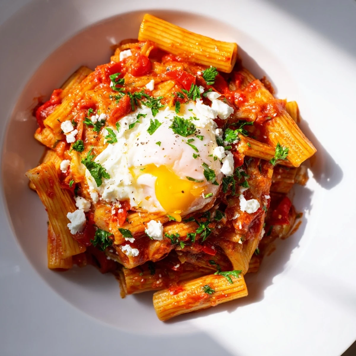 Enjoy a comforting bowl of Quick Shakshuka Pasta with tender penne and a rich tomato sauce.