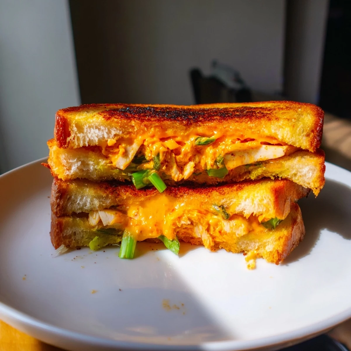 A close-up of a perfectly grilled Gochujang Mayo Chicken Sandwich with melty cheese oozing out.