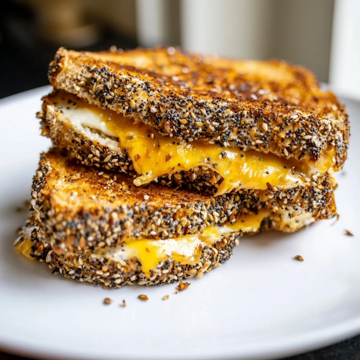 Golden, bubbly Everything Bagel Grilled Cheese, oozing with melted cheddar, ready for a comforting bite.