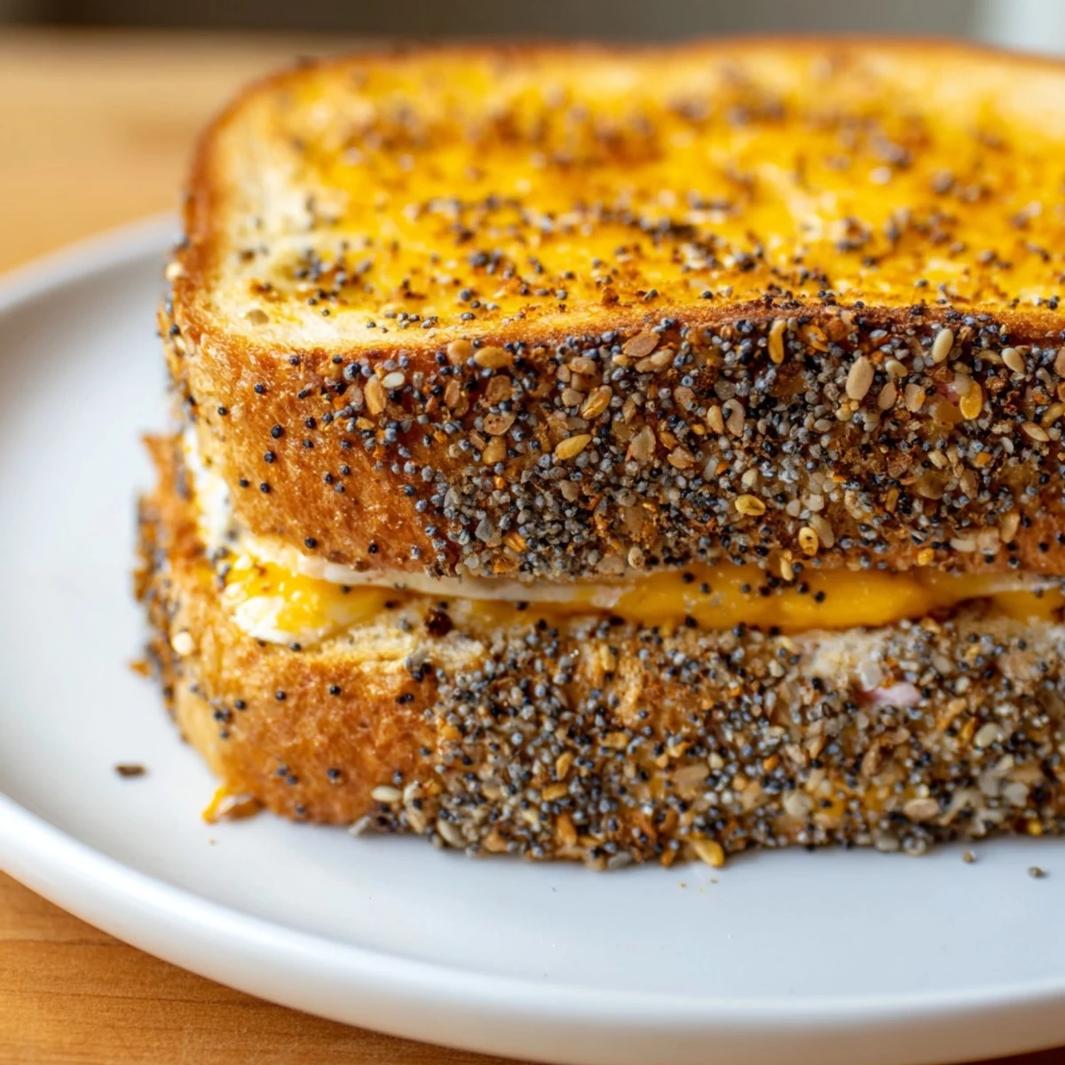 Melted cheese spills from this warm Everything Bagel Grilled Cheese, the perfect savory lunch.
