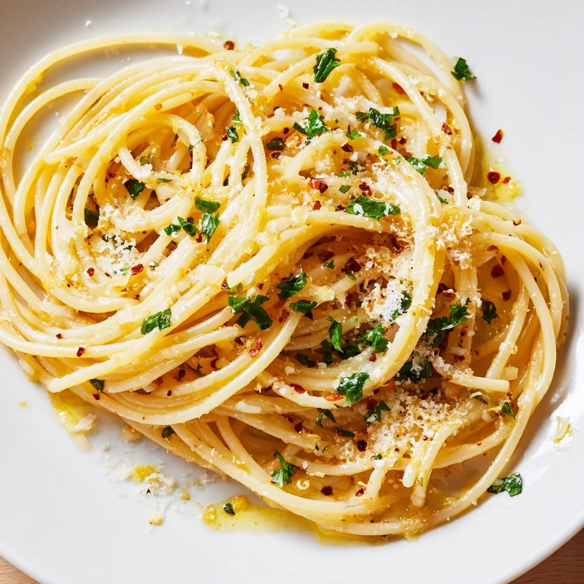 Steaming bowl of Aglio e Olio Express Pasta featuring vibrant parsley and chili flakes, ready to enjoy.