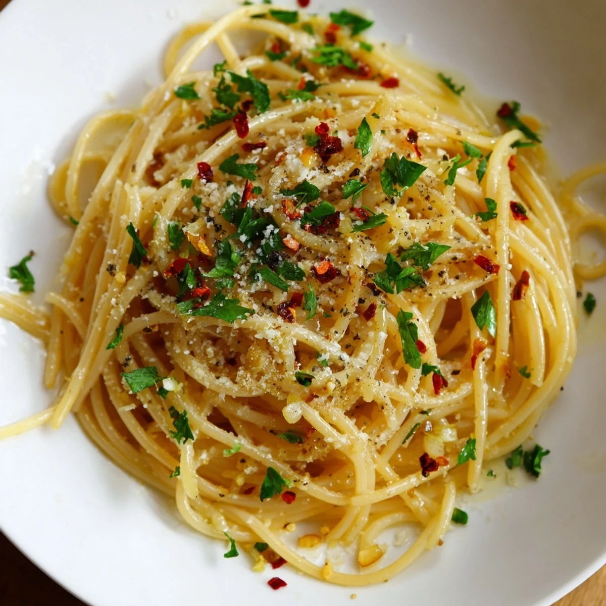 Fragrant Aglio e Olio Express Pasta, glistening with olive oil, inviting you to taste its spicy garlic flavors.