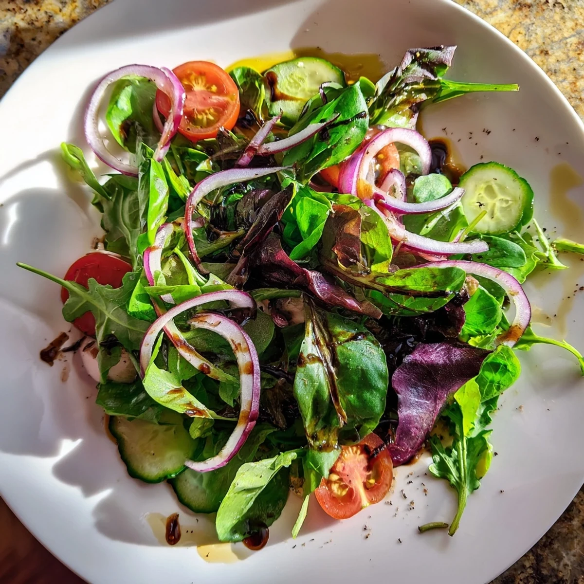 Fresh Quick Balsamic Vinegar Salad, tossed in a tangy balsamic glaze, ready to enjoy.