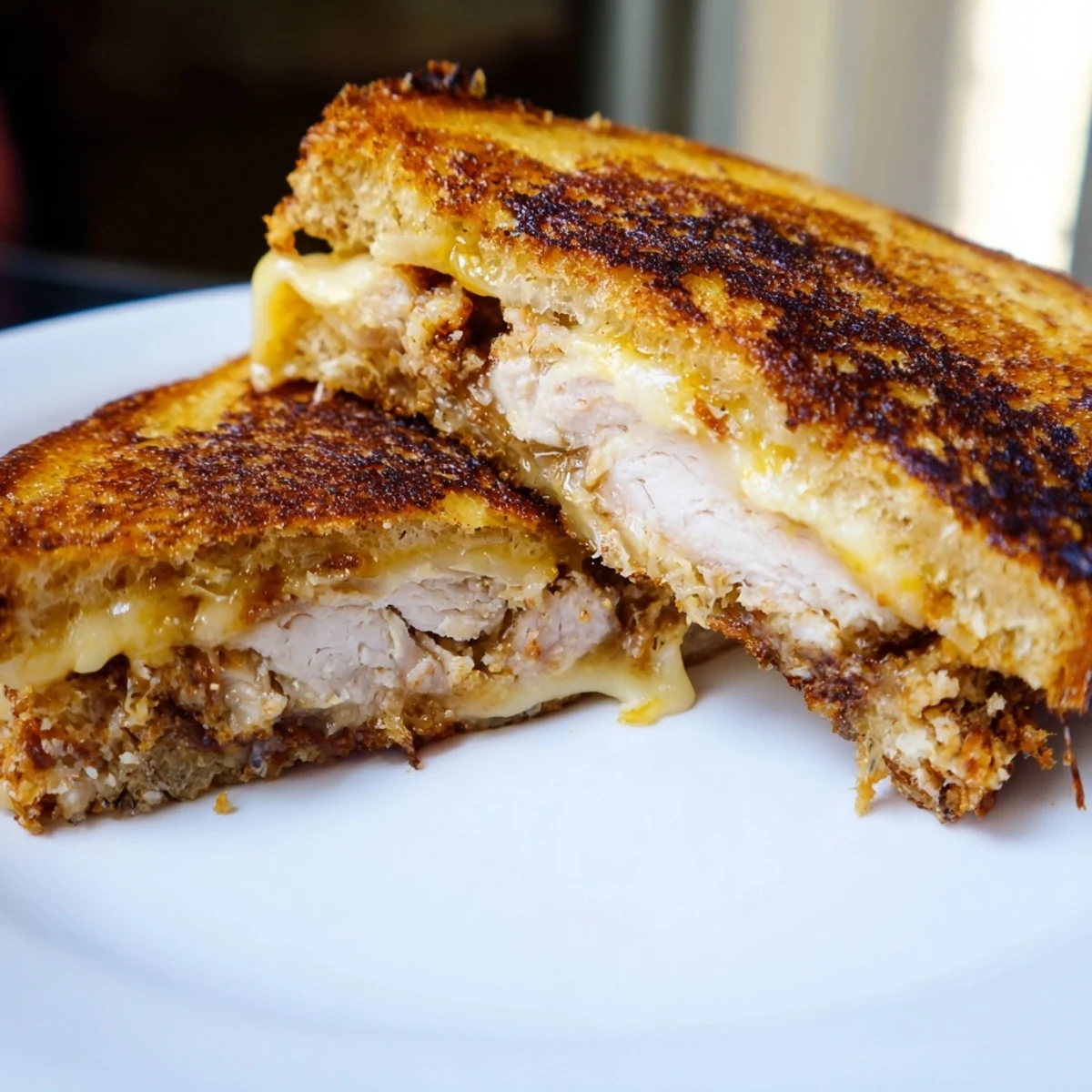 Golden, crispy Parmesan Chicken Thighs Grilled Cheese, with melted cheese and golden crusty bread, ready to eat.