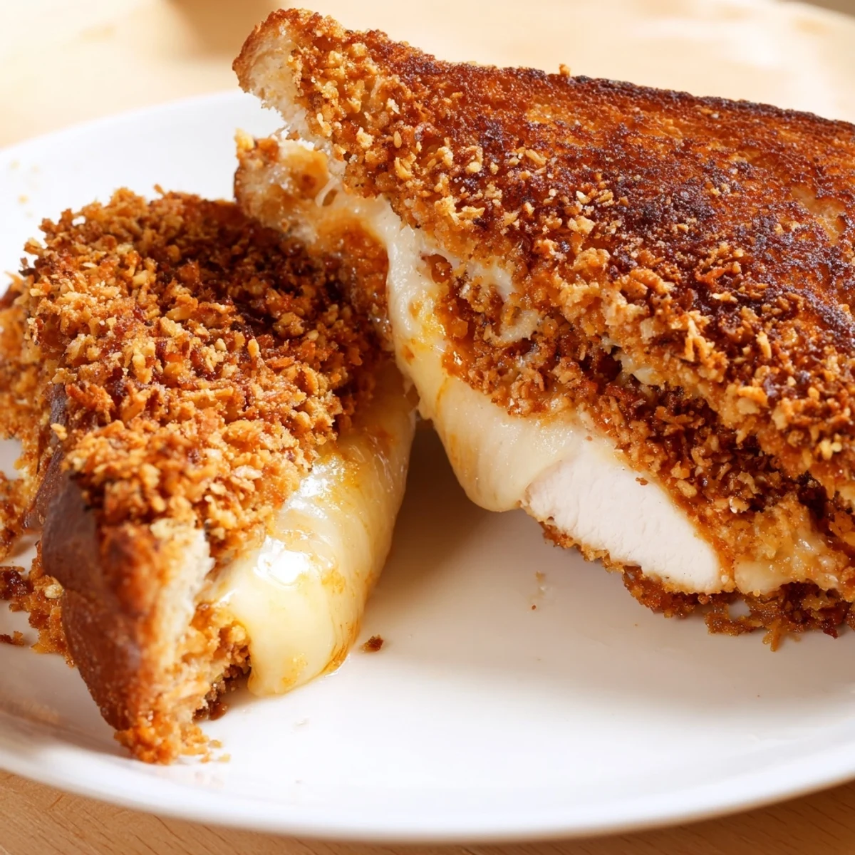 Indulgent close-up of Crispy Parmesan Chicken Thighs Grilled Cheese, a comfort food dream with oozy cheese.