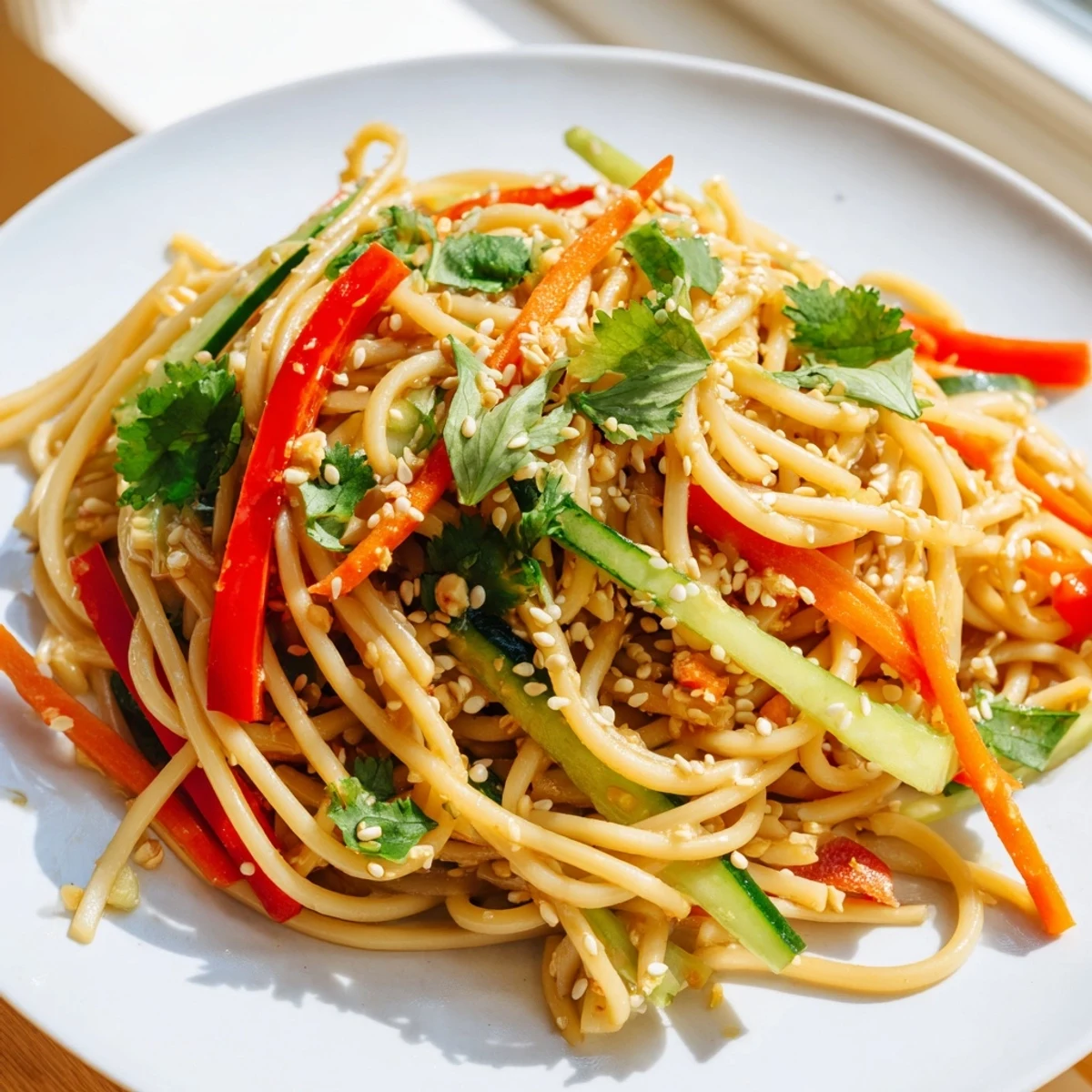 Garlic Noodle Salad: A colorful bowl with vibrant noodles, crisp veggies, and sprinkled sesame seeds.