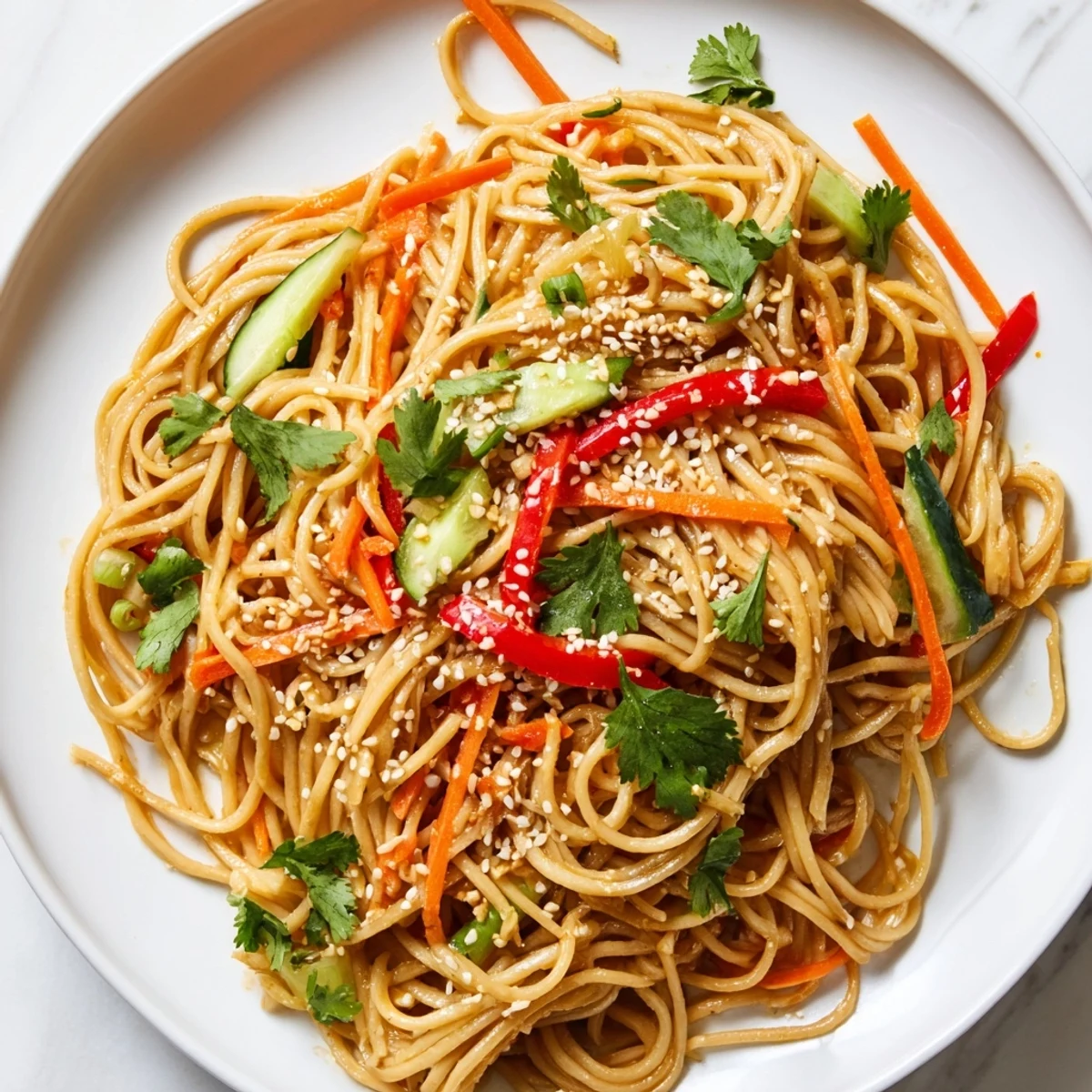 Delectable Garlic Noodle Salad with a drizzle of garlic oil and fresh cilantro, perfect for a meal.