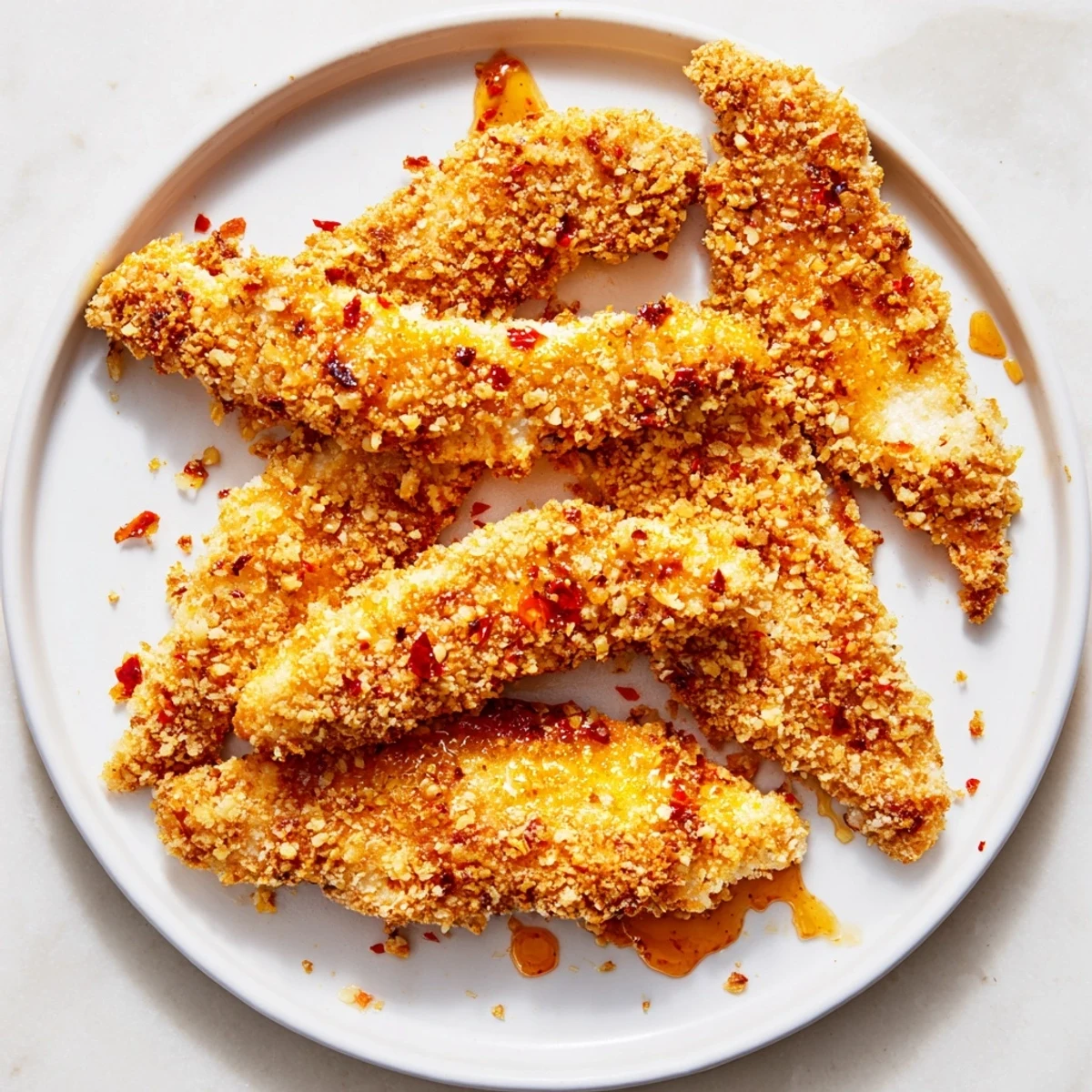 Golden, crispy panko chicken tenders drizzled with fiery hot honey, a delicious American classic.