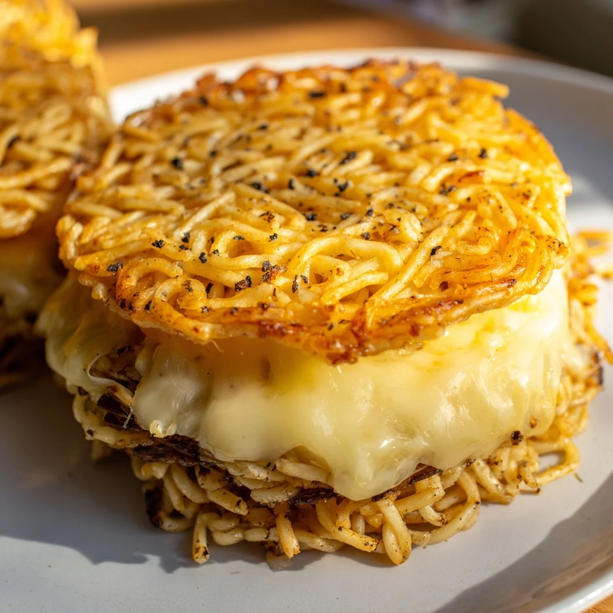 Golden-brown ramen noodle buns hug melted cheese in this irresistible grilled cheese recipe.