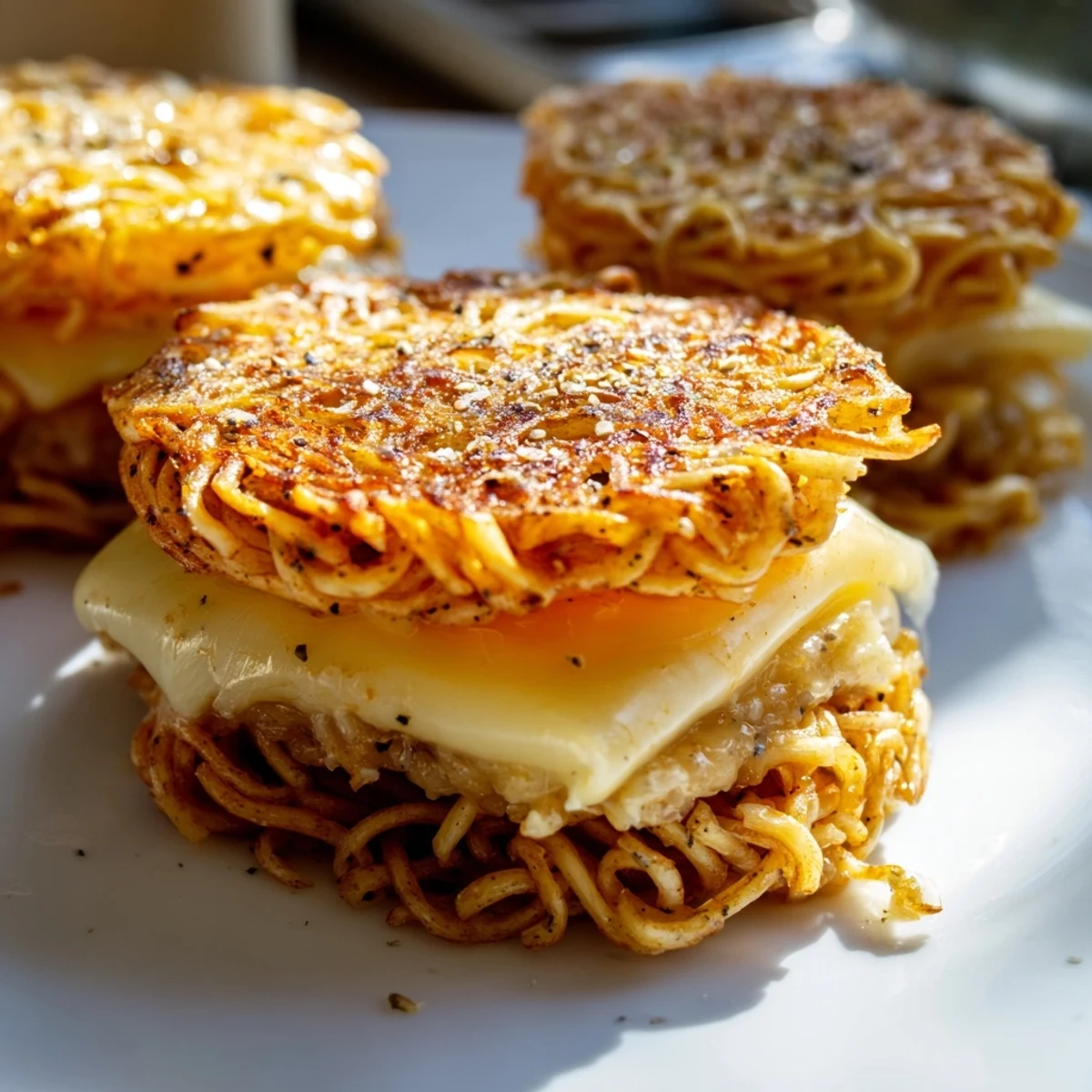 A close-up reveals a gooey, cheesy interior of a flavorful ramen grilled cheese sandwich.