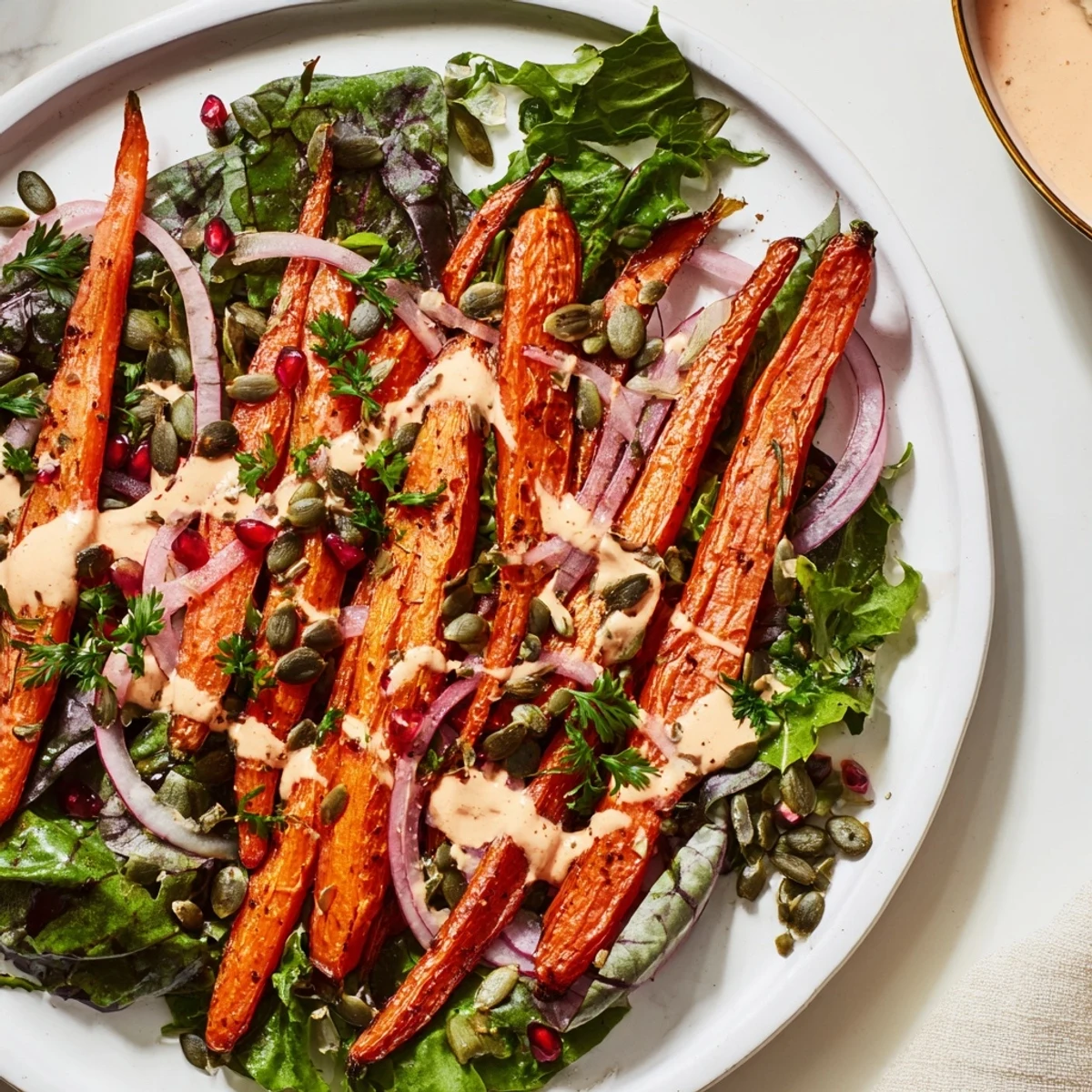 Bright roasted carrot salad, glistening with tahini-lemon drizzle, ready to enjoy.