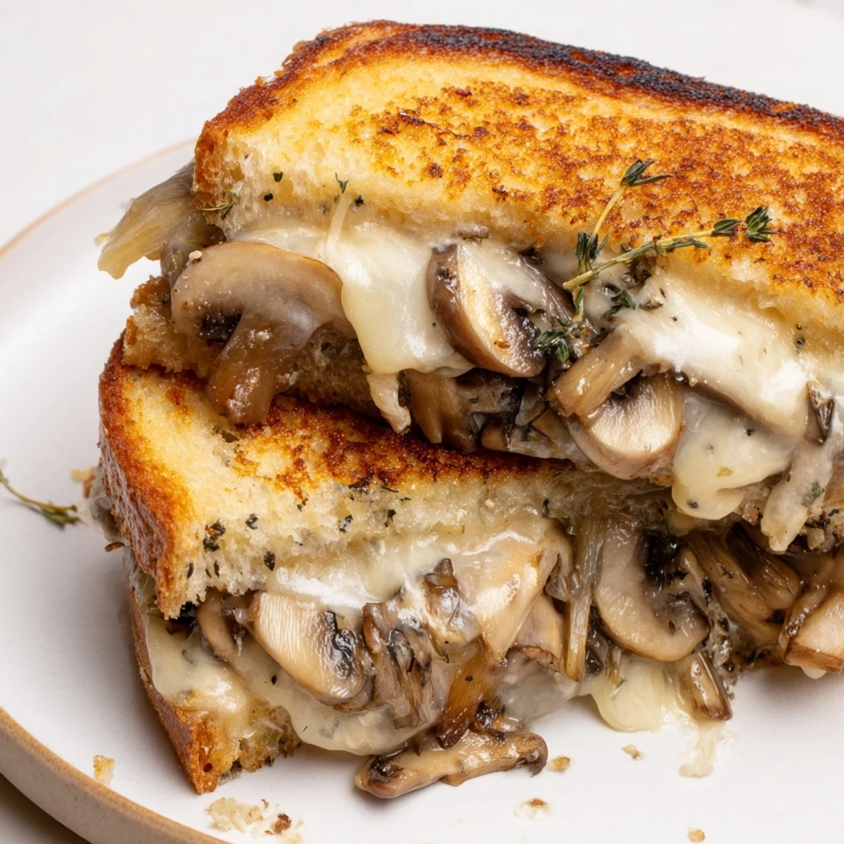 Golden, cheesy, and creamy mushroom grilled cheese with perfectly toasted bread, ready to eat.