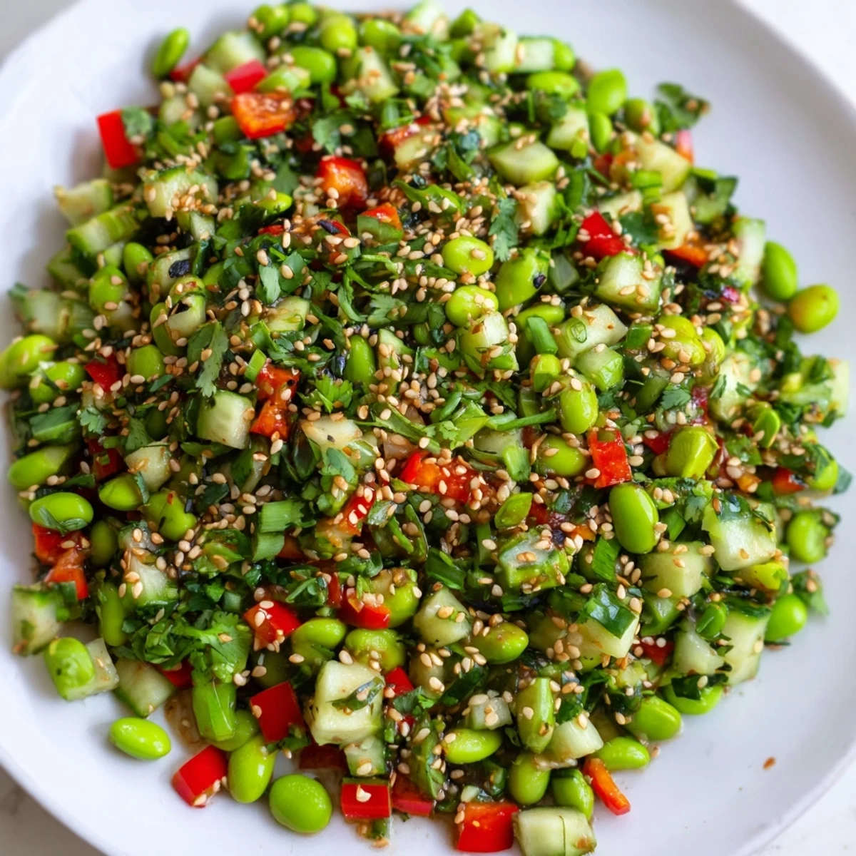 Vibrant green edamame salad with crisp cucumber pieces, ready to serve with sesame dressing.