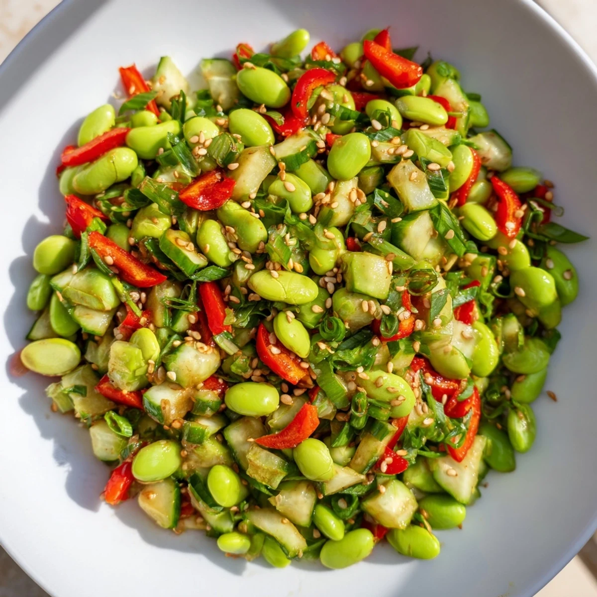Chilled edamame salad with a colorful mix of vegetables and a drizzle of savory dressing.