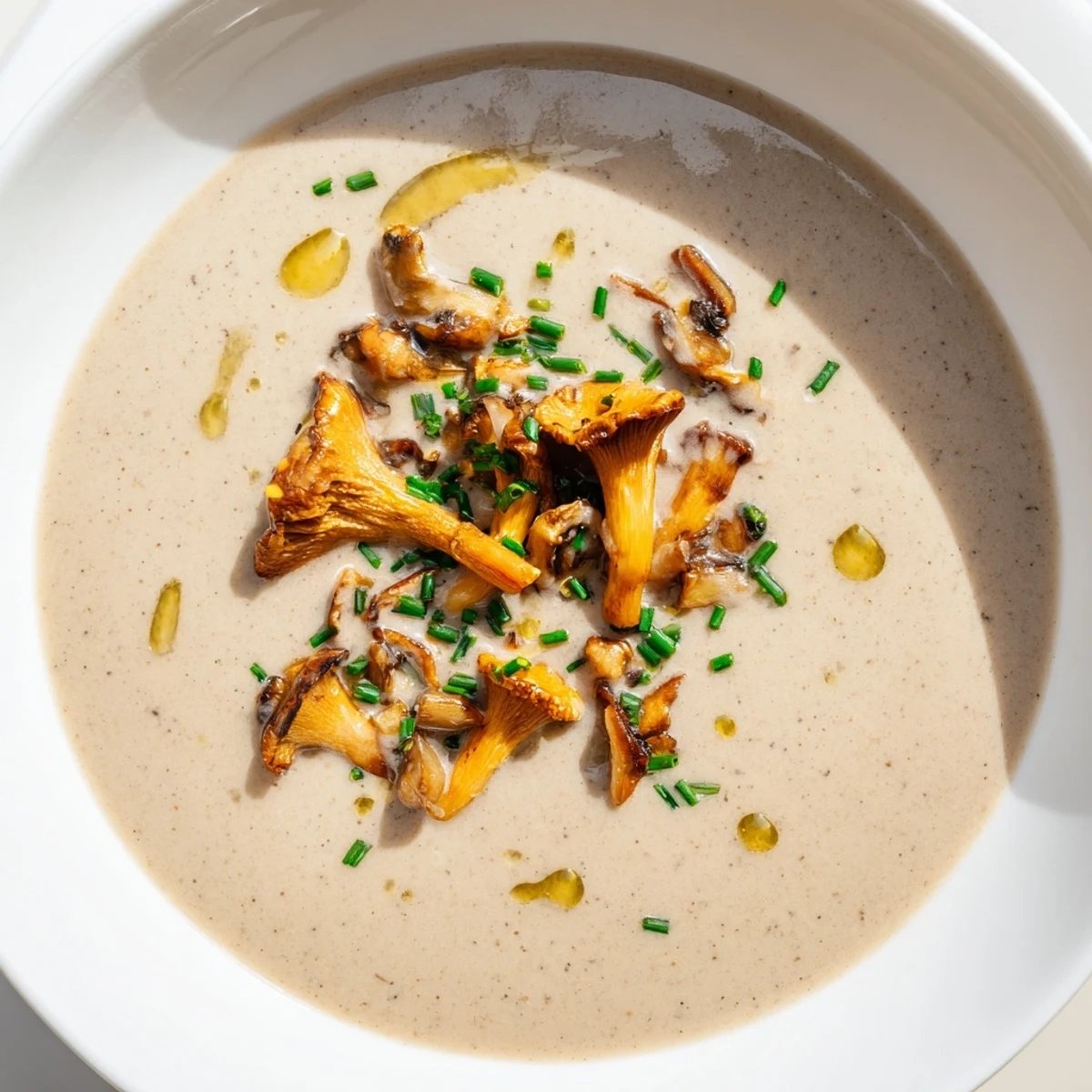 Creamy mushroom bisque served in a bowl, garnished with fresh herbs, ready to enjoy.