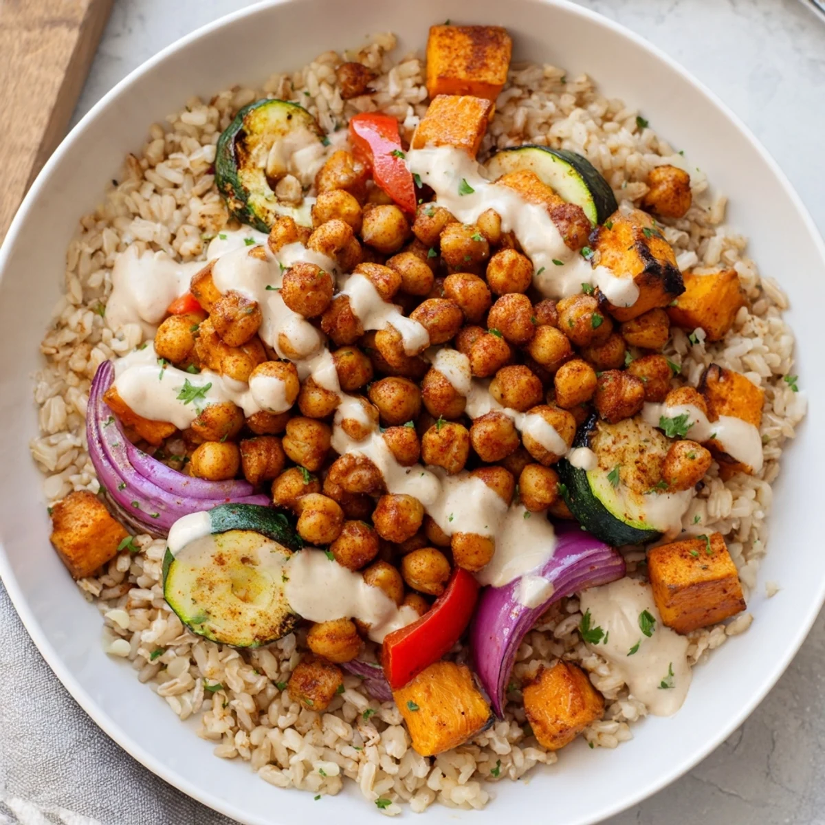 Crispy roasted chickpeas and colorful vegetables star in this vibrant Roasted Chickpea Buddha Bowl.