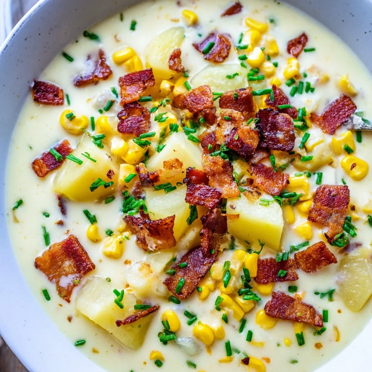 Creamy, golden Corn Chowder, garnished with bacon and chives, offers warmth and comfort in a bowl.