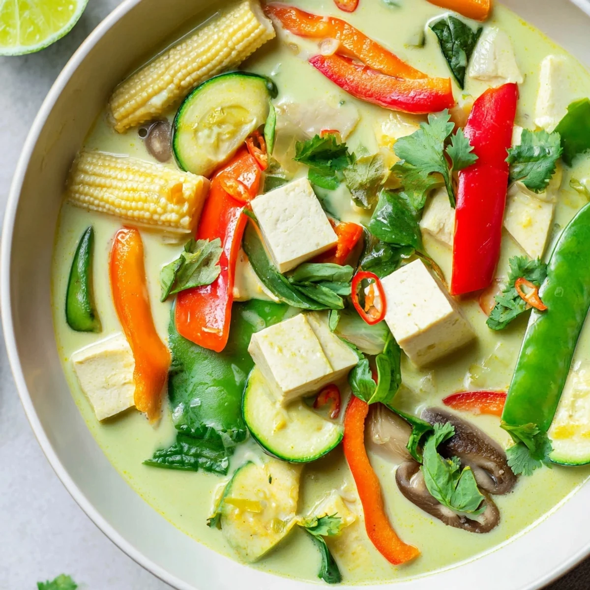 Steaming bowl of Thai Green Curry Coconut Soup, garnished with vibrant cilantro and lime wedges.