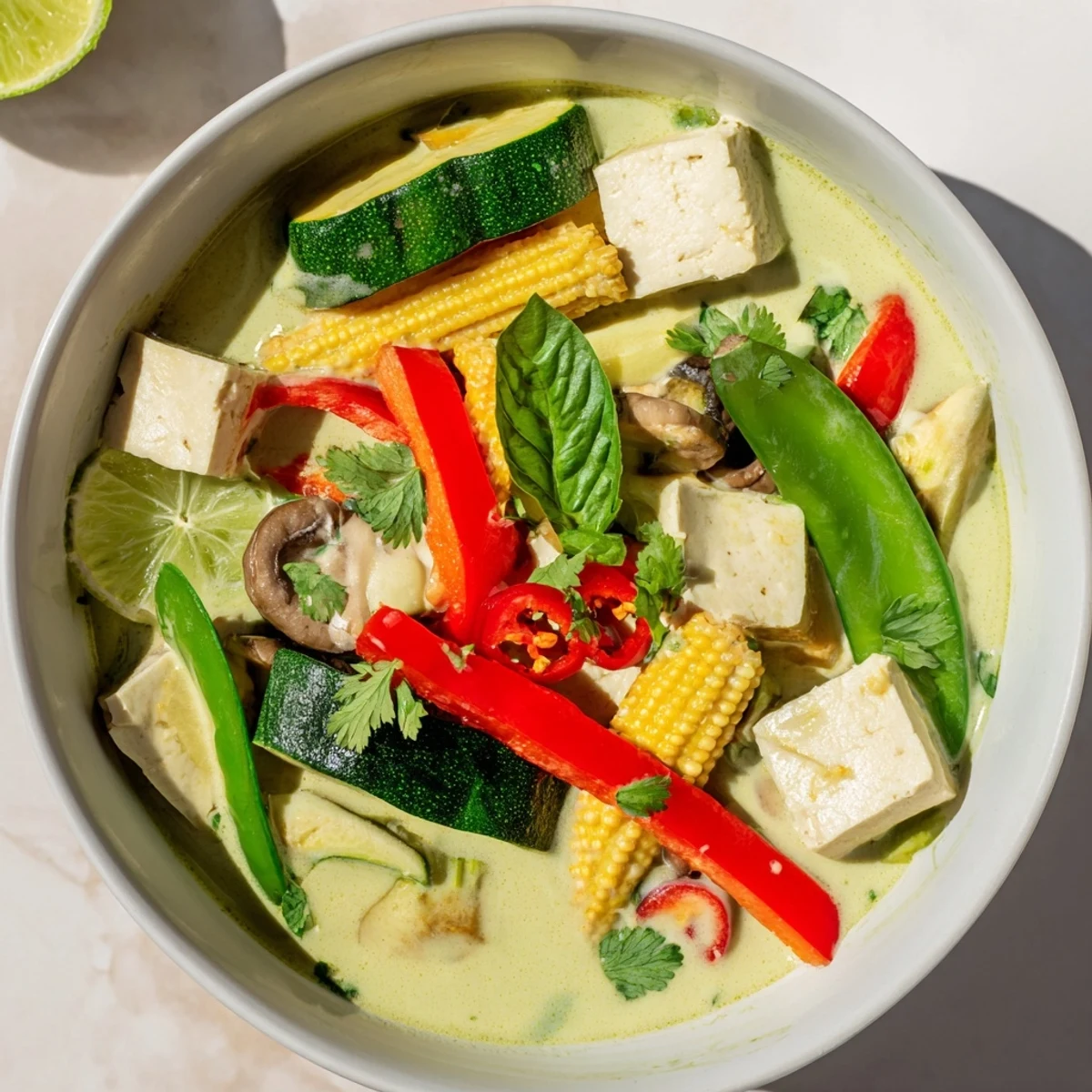 A flavorful helping of homemade Thai Green Curry Coconut Soup, perfect with jasmine rice.