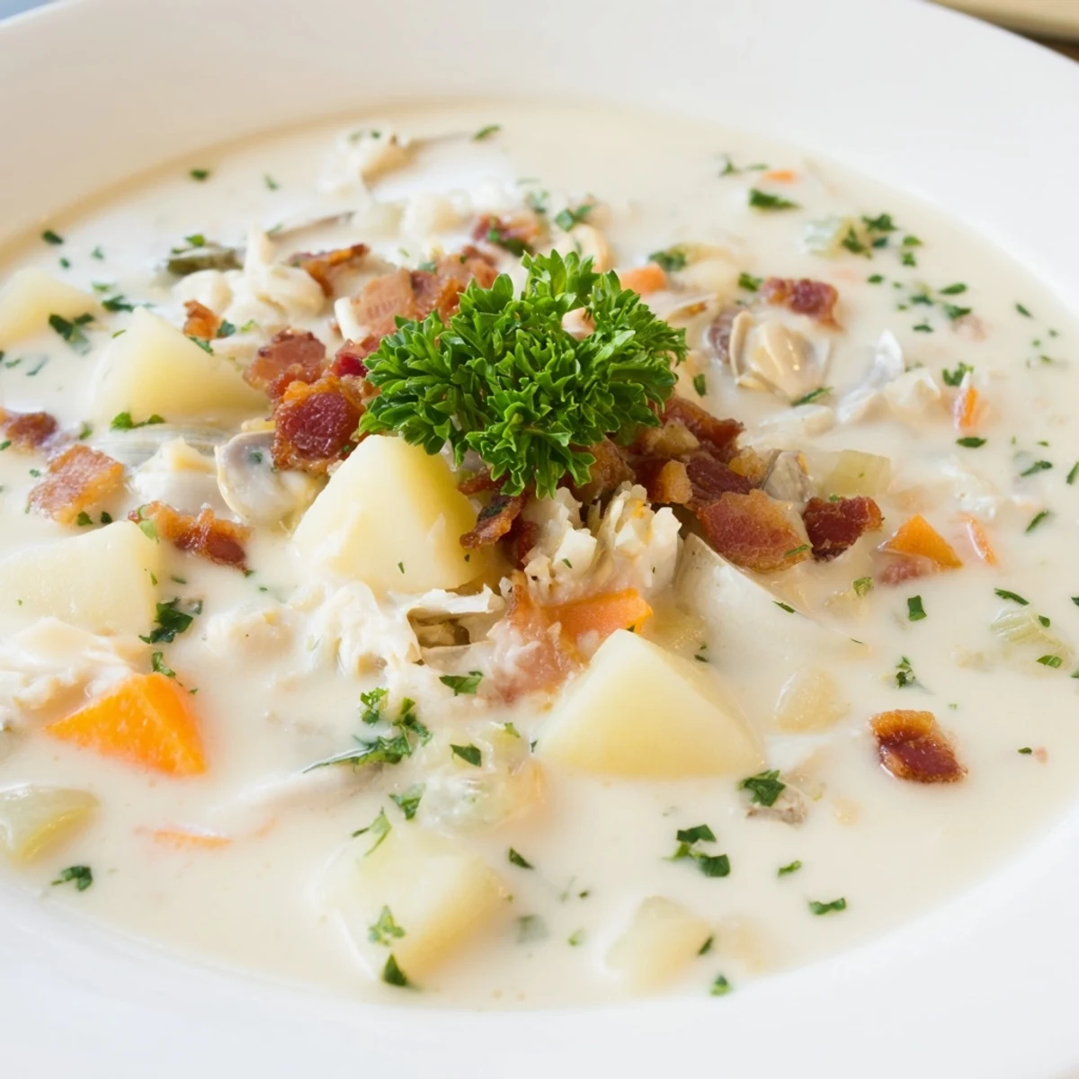 Steaming hot New England Clam Chowder, creamy and packed with clams and potatoes, ready to be enjoyed.