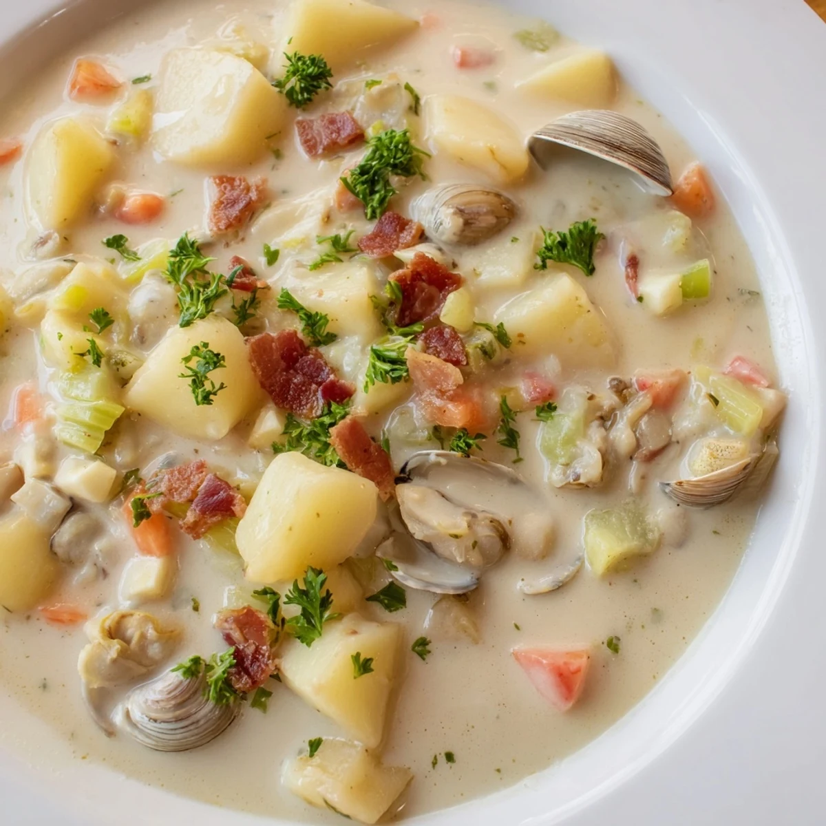 A steaming bowl of New England Clam Chowder, with hearty chunks of potatoes and clams, ready for a cozy meal.