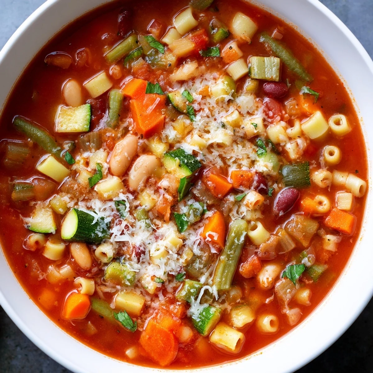 Steaming bowl of Tomato Basil Minestrone, filled with vegetables and pasta, perfect for a cozy dinner.