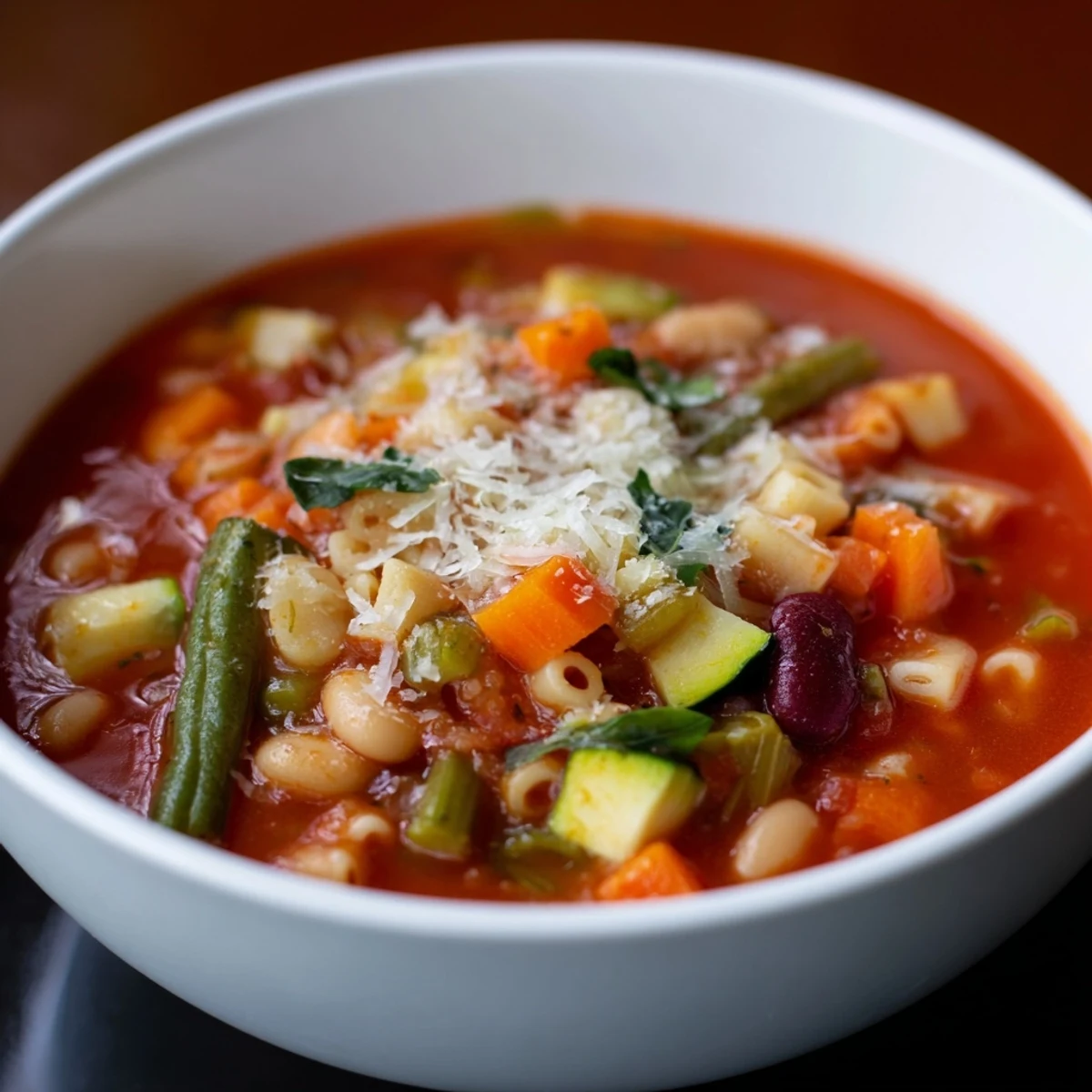 Close-up of hearty Tomato Basil Minestrone, garnished with fresh basil, offering a flavorful spoonful.