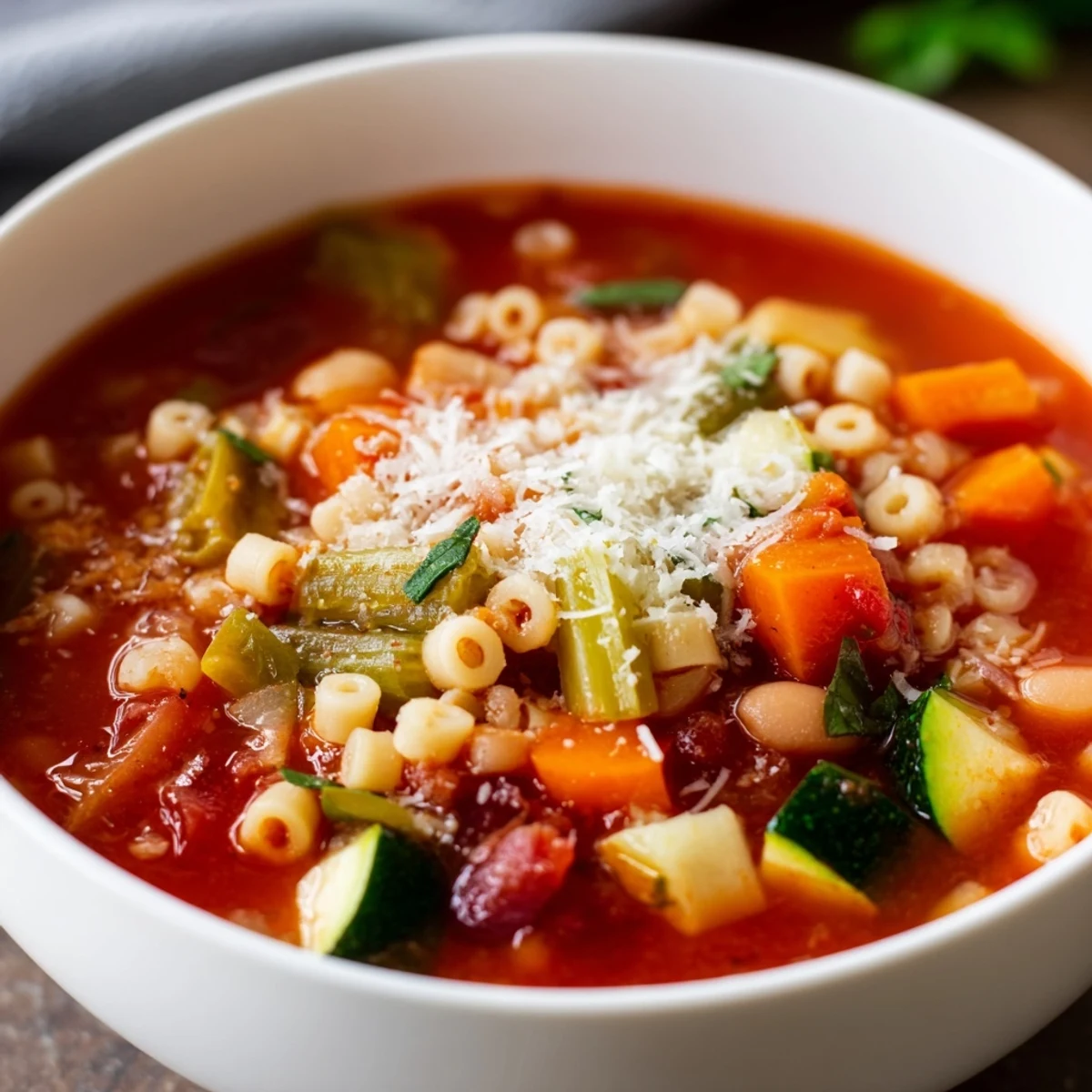 Warm, aromatic Tomato Basil Minestrone soup, featuring a rich tomato broth, ready to be served.