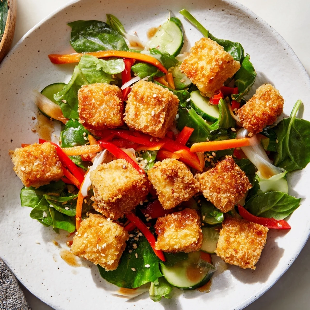 Golden, crispy tofu salad, a vibrant dish of mixed greens, and a zesty ginger-soy dressing.