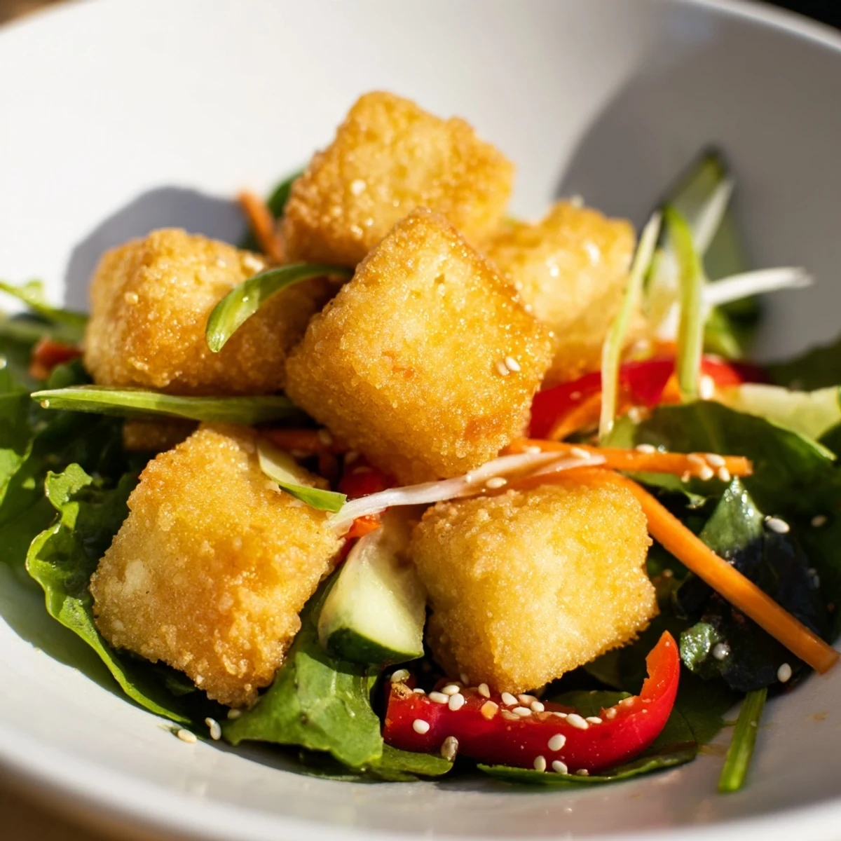 Fresh, crunchy Crispy Tofu Salad with colorful vegetables, perfect for a light vegetarian meal.
