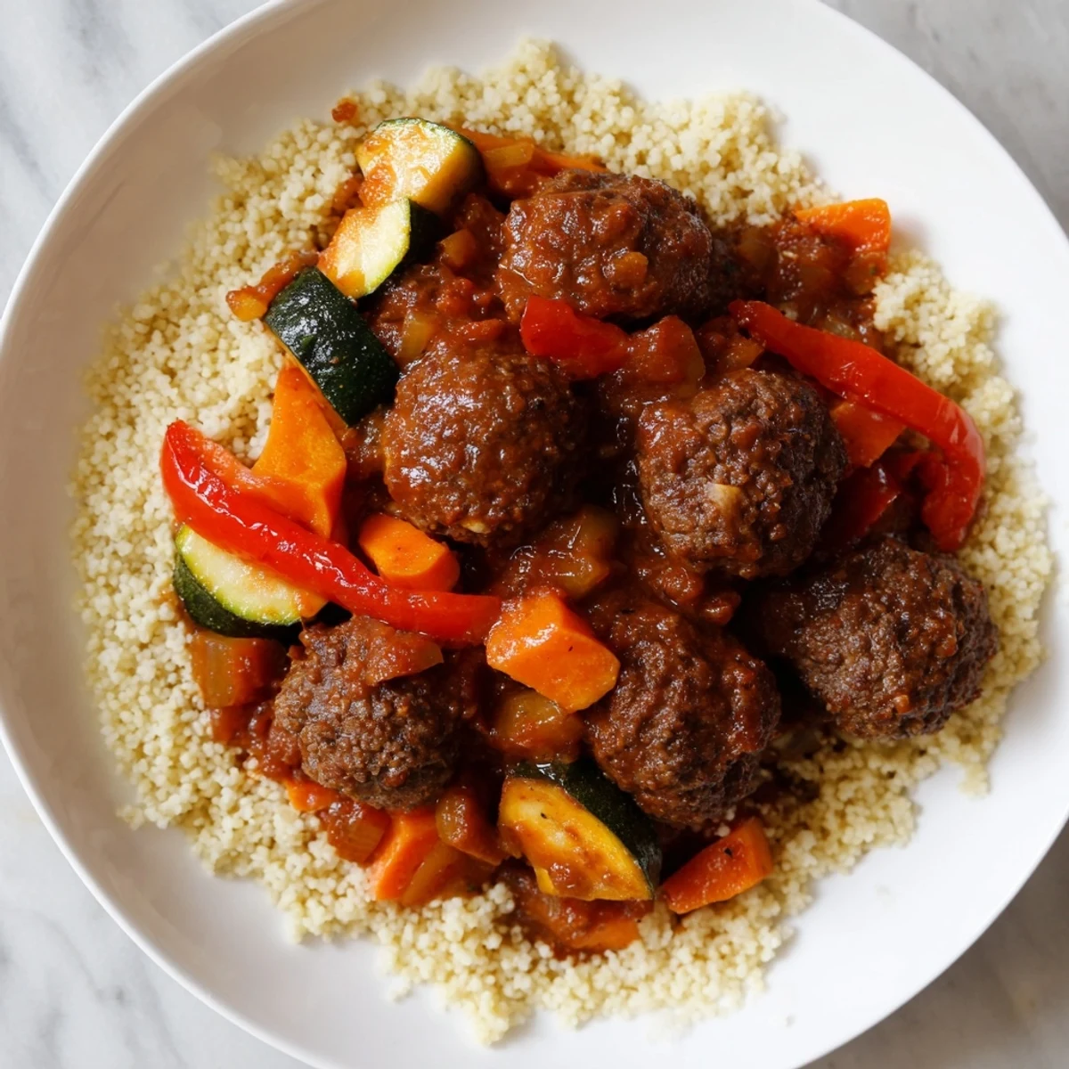North African Couscous Kefta dish, bright and inviting, with fluffy couscous ready to eat.