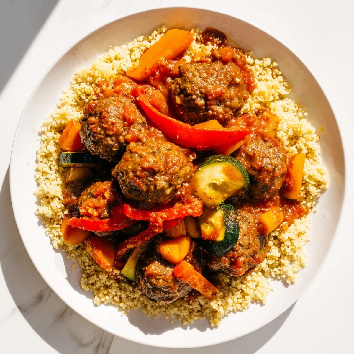 Close view of steaming North African Couscous Kefta, showcasing juicy meatballs and vibrant vegetables.