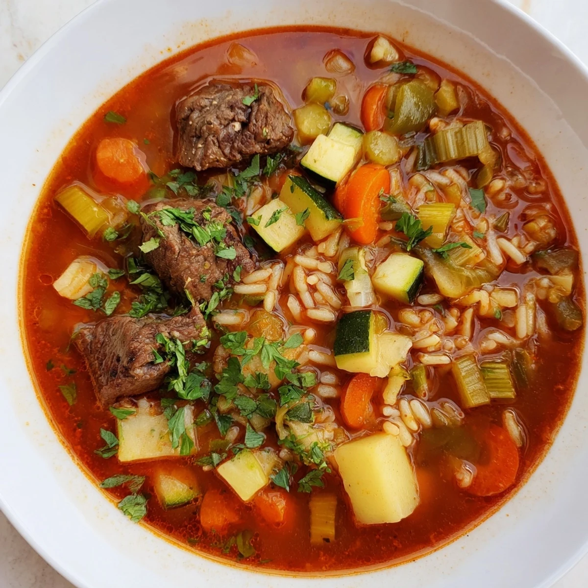 Steaming bowl of Algerian Chorba: a hearty lamb and vegetable soup, garnished with fresh herbs.