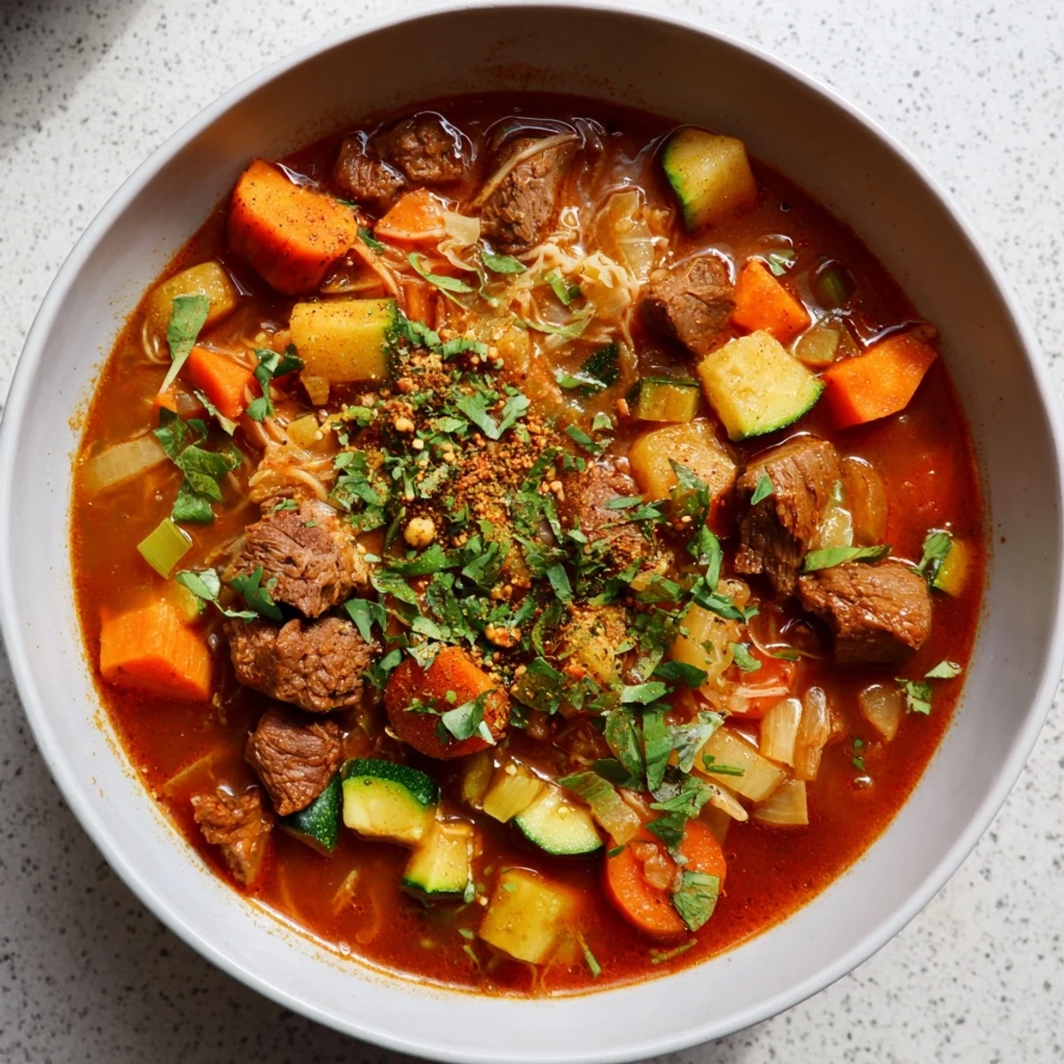 A close-up of Algerian Chorba, showcasing the flavorful broth and perfectly cooked vegetables.