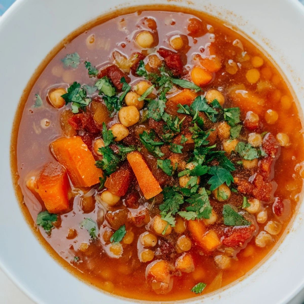 Steaming bowl of North African Harira soup with vibrant herbs, ready to be enjoyed.
