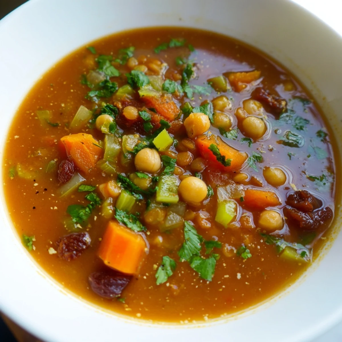 Hearty North African Harira soup, a savory classic with a colorful mix of vegetables and spices.