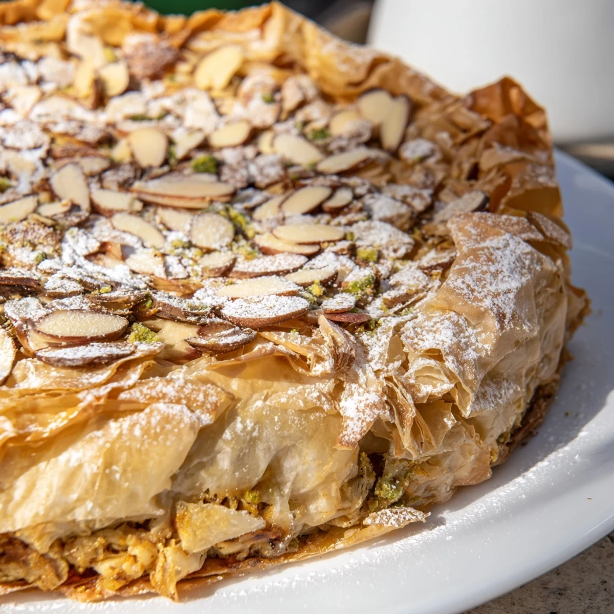 Golden-brown Moroccan Pastilla Pie, filled with savory chicken and fragrant spices, ready to be served.